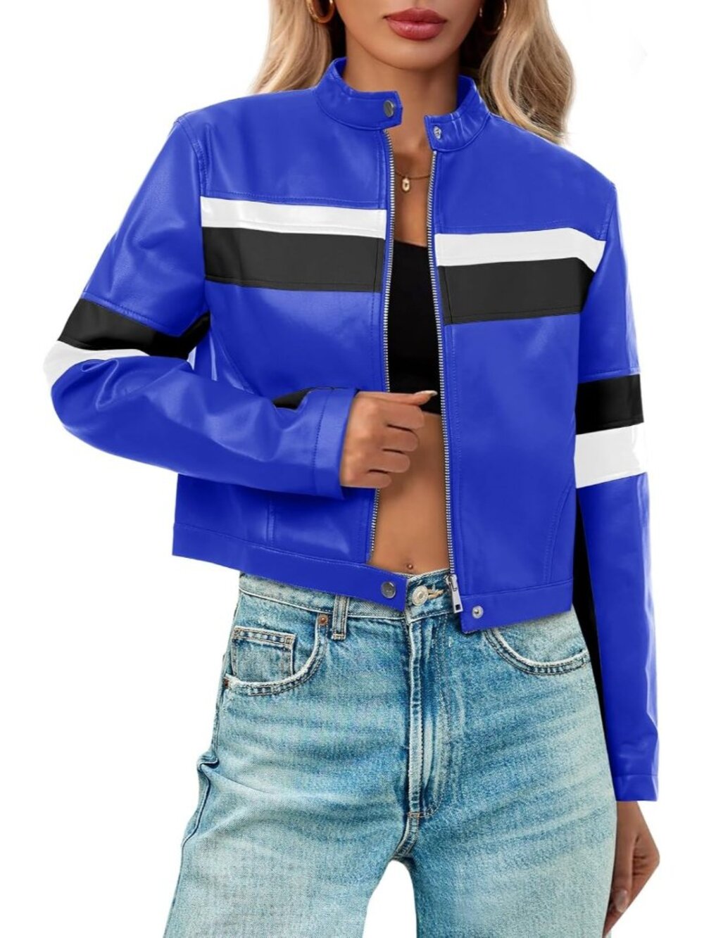 〽️Royal Blue Women's Faux Leather Cropped Moto Jacket Color Block Racing Coat